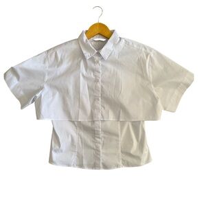 Zara White Tiered Button Down Shirt Women’s Collared Short Sleeve Cotton Blend